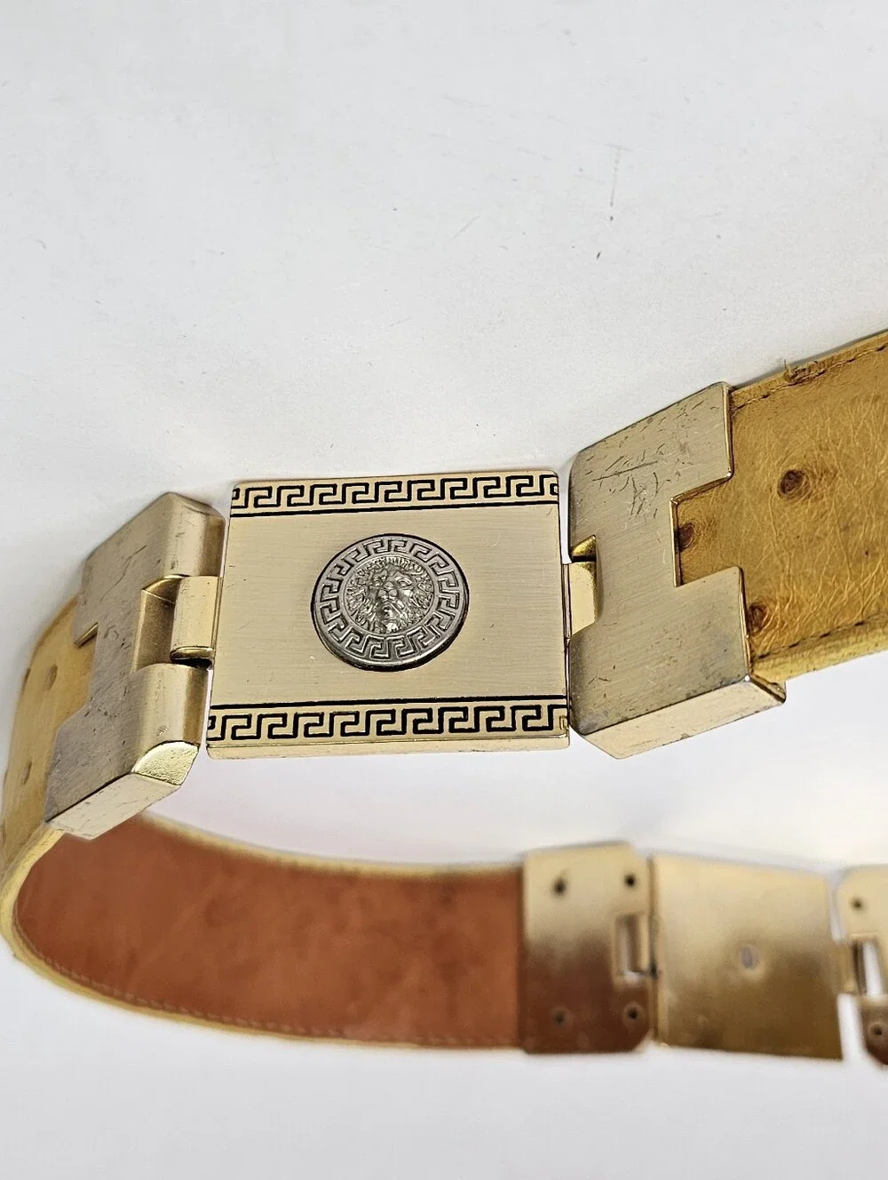 Yellow Gold Ostrich Medallion Leather Belt 40